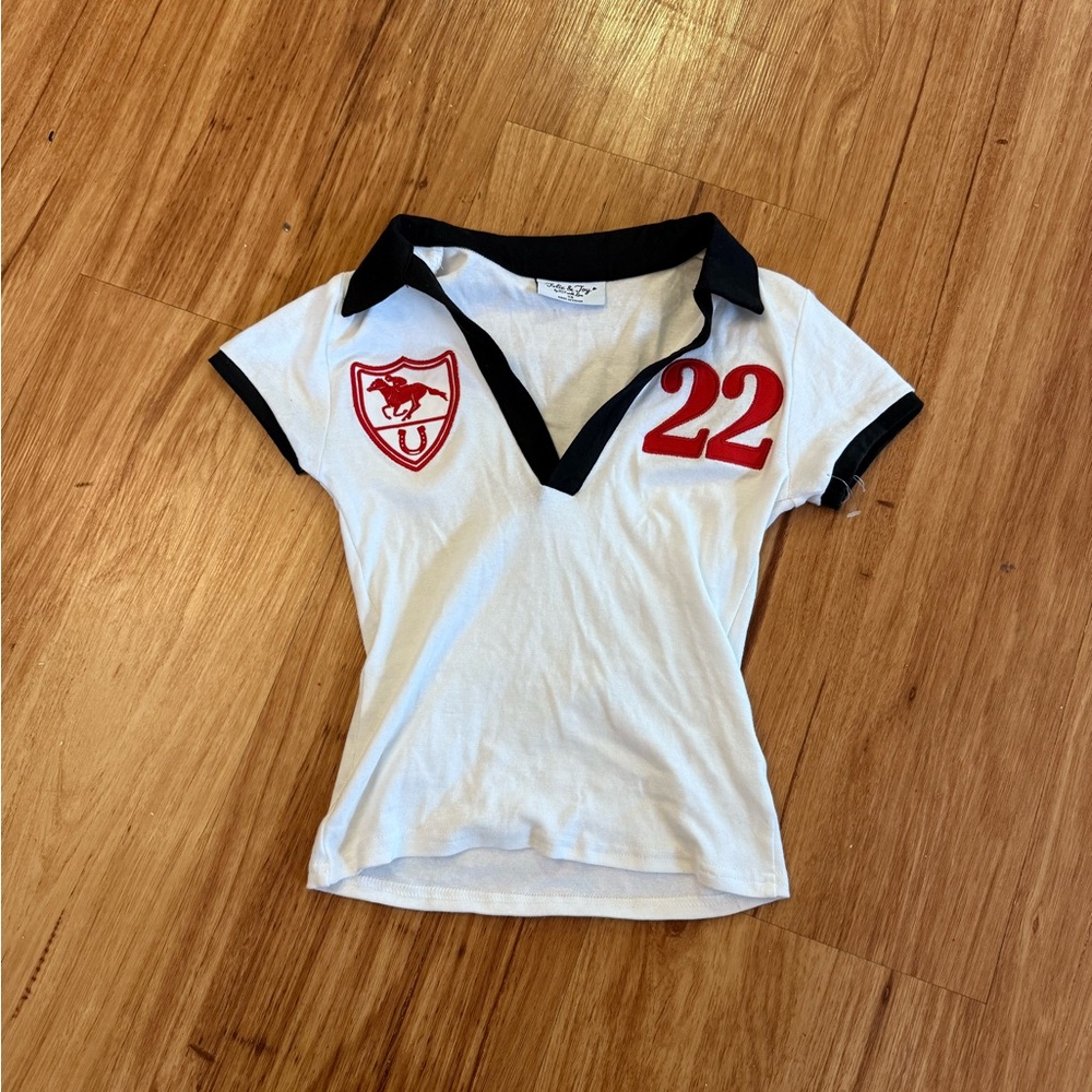 Women's White and Black Crop Top with Red Accents